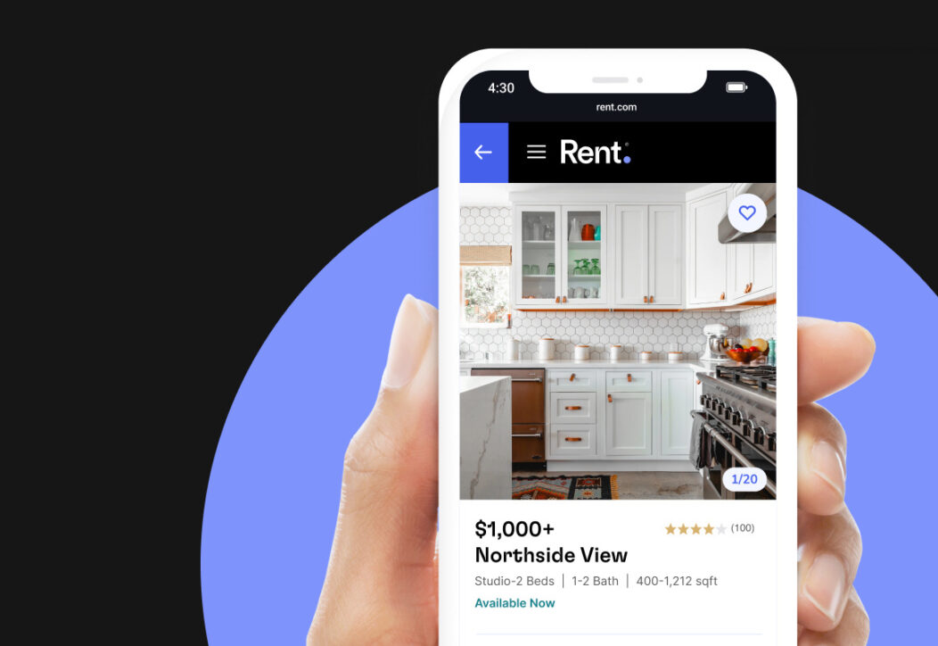 Smartphone featuring the responsive website design of rent.com's real estate marketplace