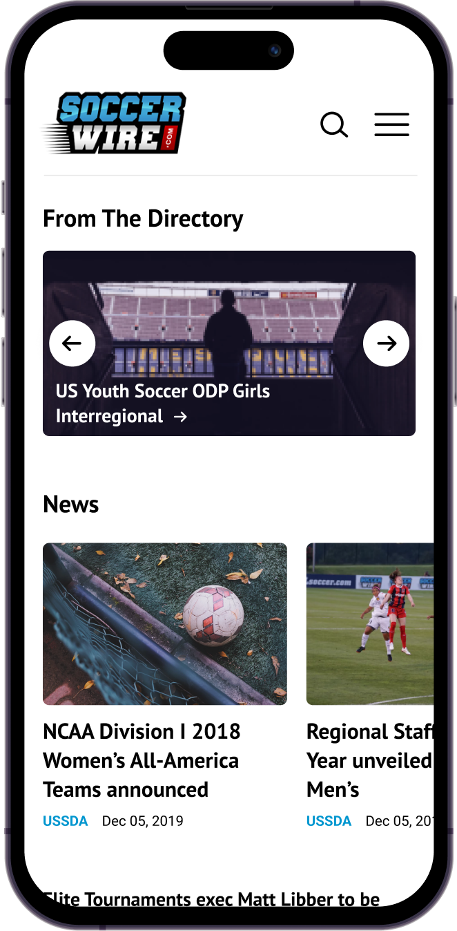 News feed website design for Soccer Wire sports website
