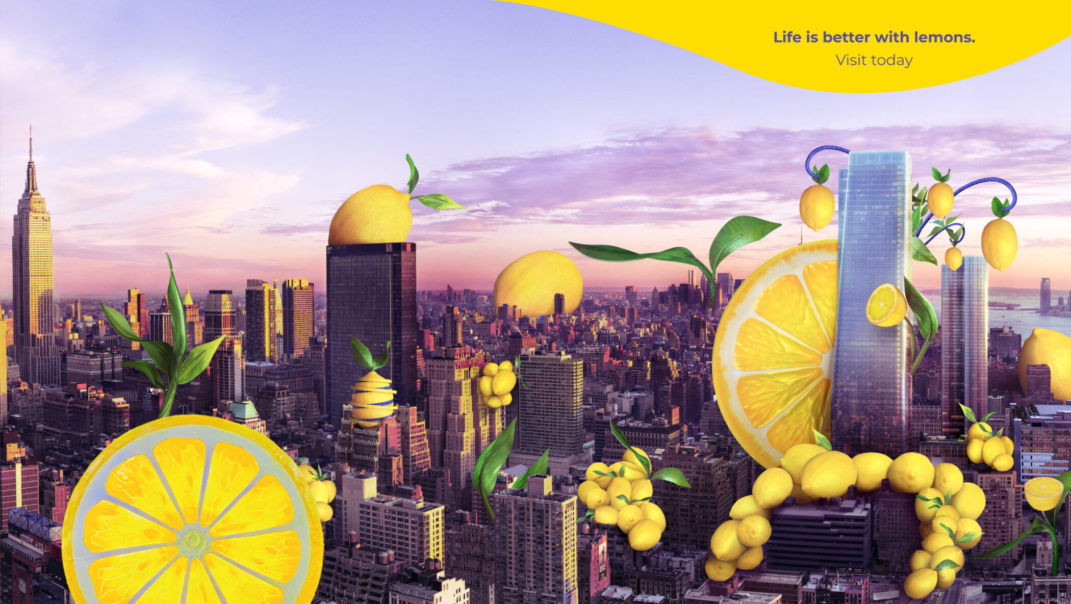 Giant lemons over New York City, an illustration for Citrovia installation at Manhattan West
