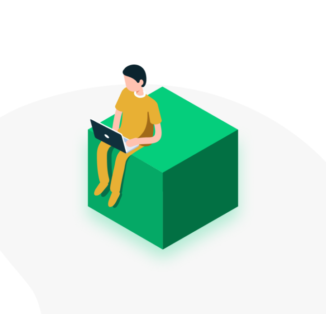 Graphic design of a man sitting on a green cube while working on a laptop