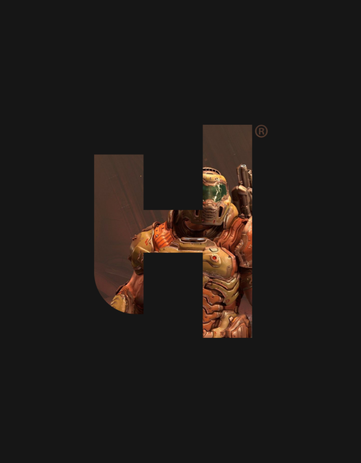 Logo of Hammer creative agency featuring Doomguy from the video game Doom Eternal