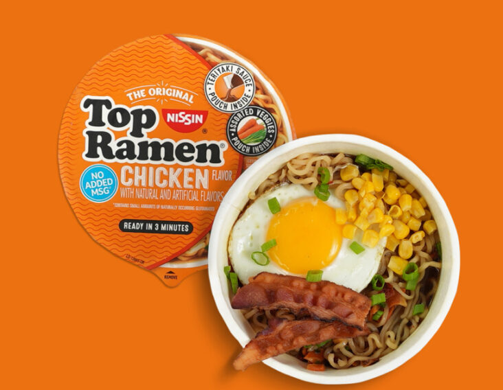 Nissin Foods Top Ramen chicken and orange background