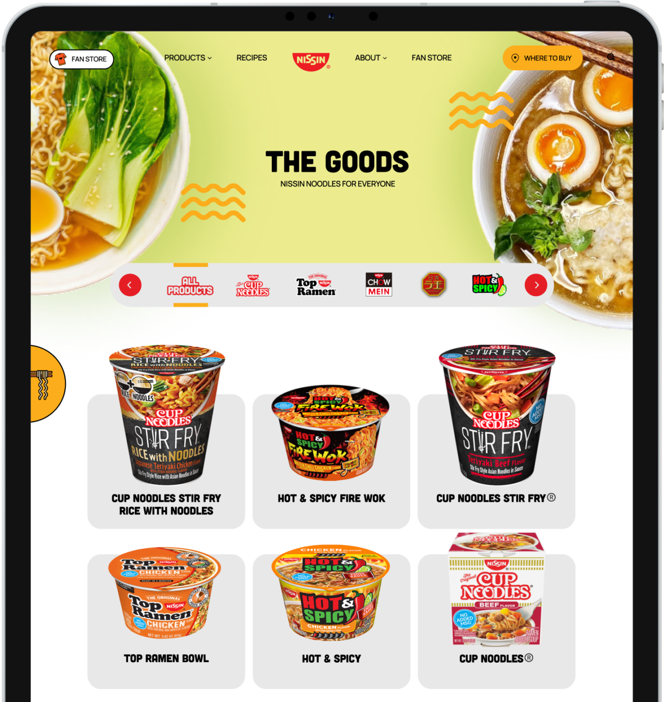 Product page on Nissin Foods' website featuring various Cup Noodle flavors