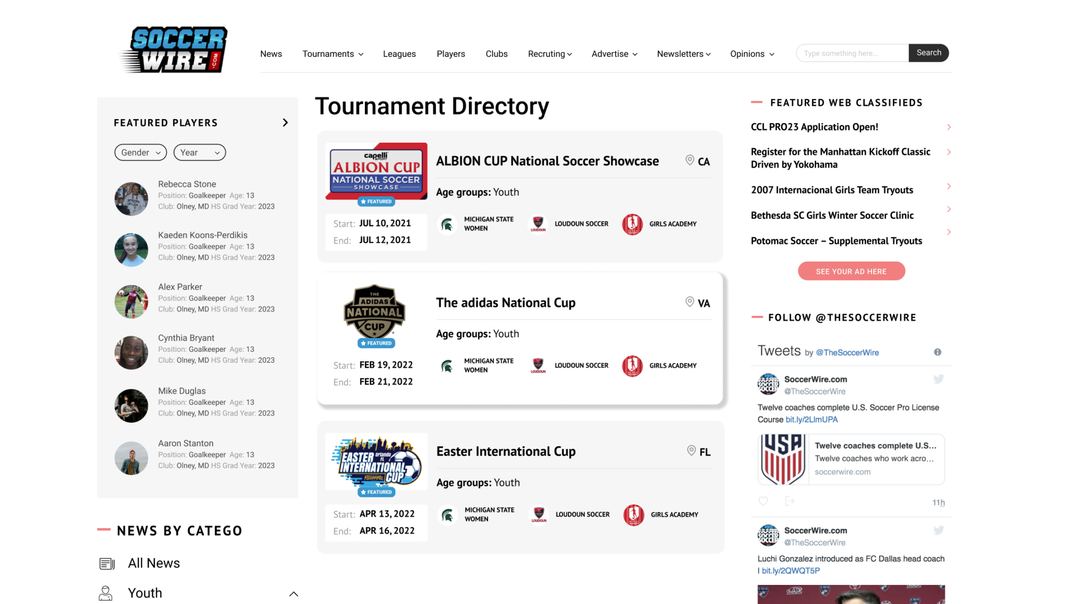 Website design for sports media portal with scores, events, player directory and news