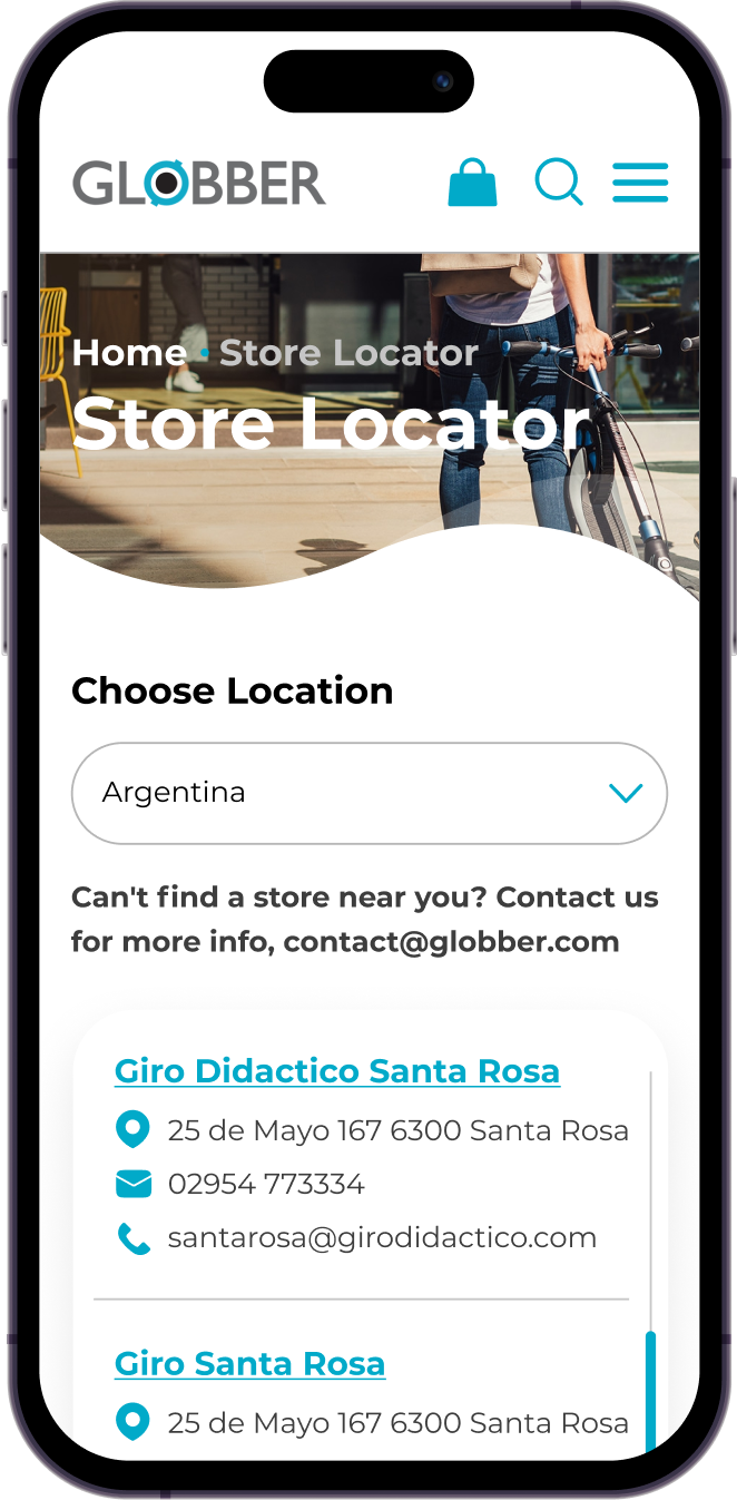 Web design of Globber's store locator