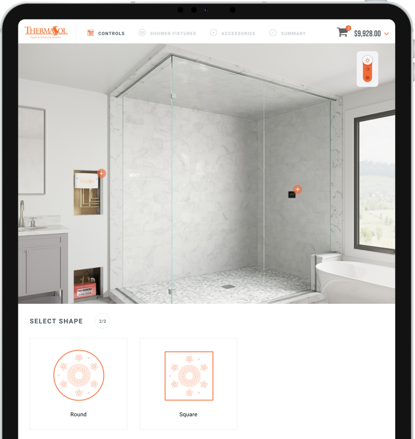 A shower configurator tool on ThermaSol's ecommerce website, developed by Wanted For Nothing agency