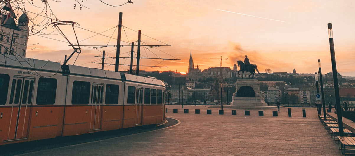 Yellow tram at Kossuth Square in Budapest, Hungary