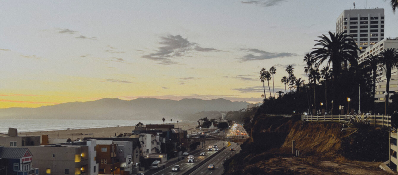 Pacific Coast Highway at sunset, viewed from Ocean Avenue, Santa Monica
