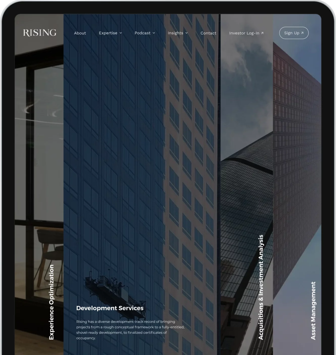 Custom UX/UI design for Rising Realty Partners website.