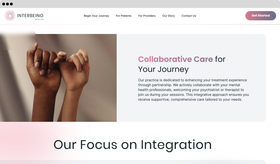 Responsive design of Interbeing Health's desktop page designed by Wanted for Nothing highlighting collaborative care in ketamine therapy, emphasizing teamwork between healthcare providers and personalized patient care.