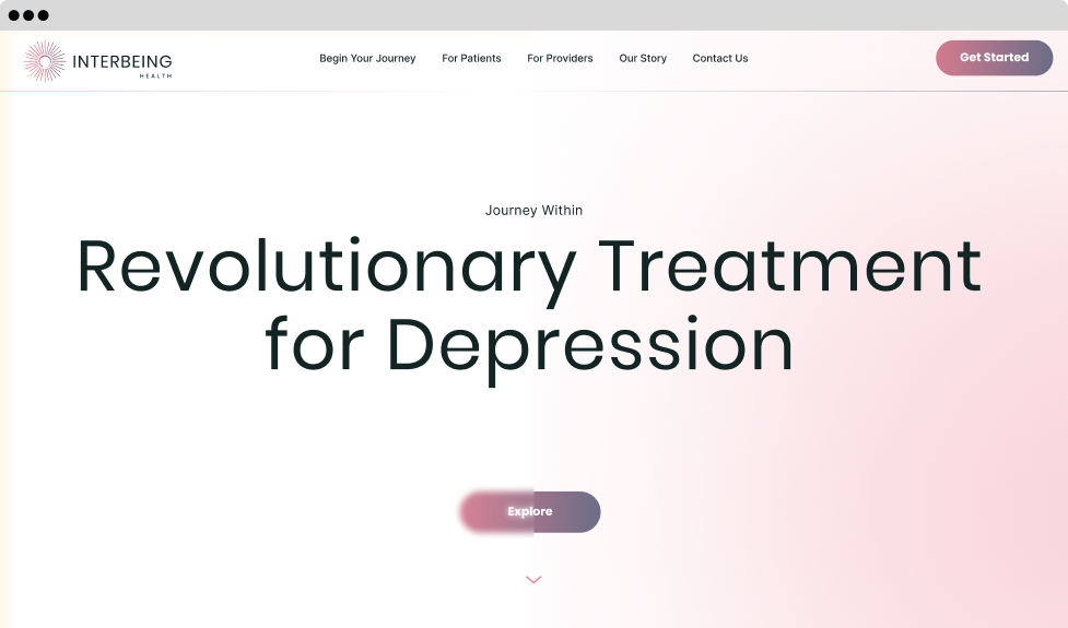 Responsive design of Interbeing Health's desktop homepage hero banner designed by Wanted for Nothing, highlighting revolutionary ketamine treatment for depression with a call to action.