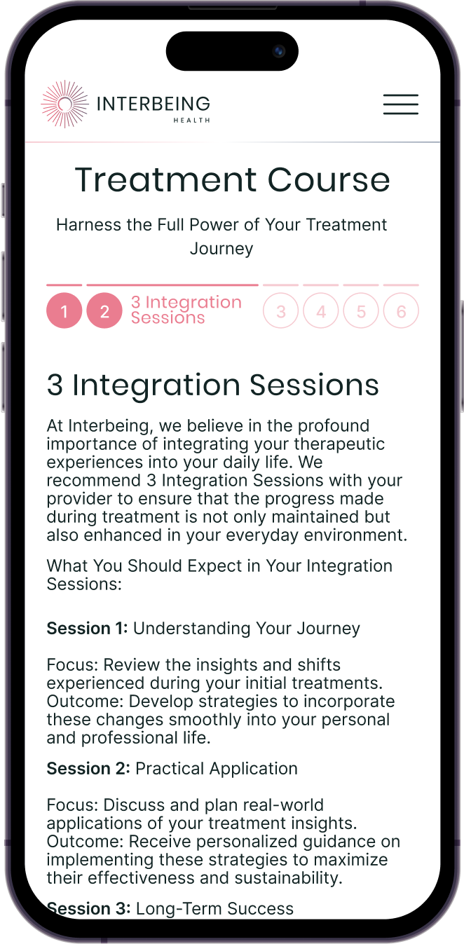 Responsive design of Interbeing Health mobile website designed by Wanted for Nothing. This section is focused on integration sessions for depression treatment.
