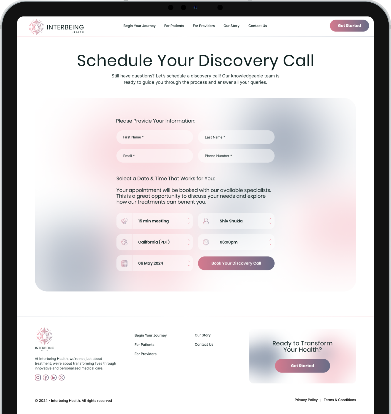 Responsive design of Interbeing Health's tablet website designed by Wanted for Nothing featuring a form to schedule a discovery call for personalized ketamine therapy consultation.