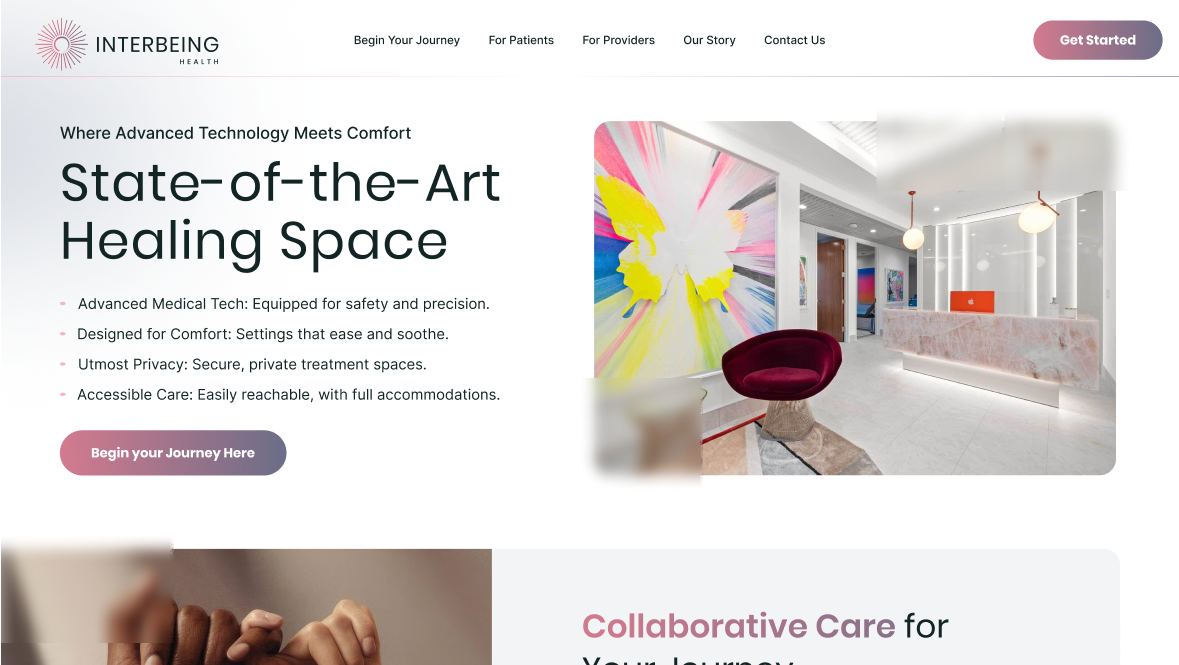 Responsive design of Interbeing Health's desktop website designed by Wanted for Nothing. It showcases the state-of-the-art healing space with an inviting environment for ketamine therapy treatments.