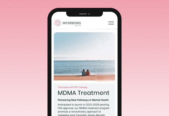 Responsive design of Interbeing Health website on a mobile device designed by Wanted for Nothing, featuring treatment information.