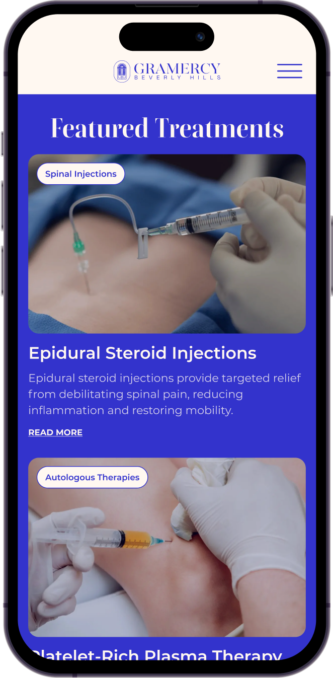 Mobile screenshot of Gramercy Beverly Hills website showing featured treatments like epidural steroid injections and platelet-rich plasma therapy. Designed by Wanted for Nothing.