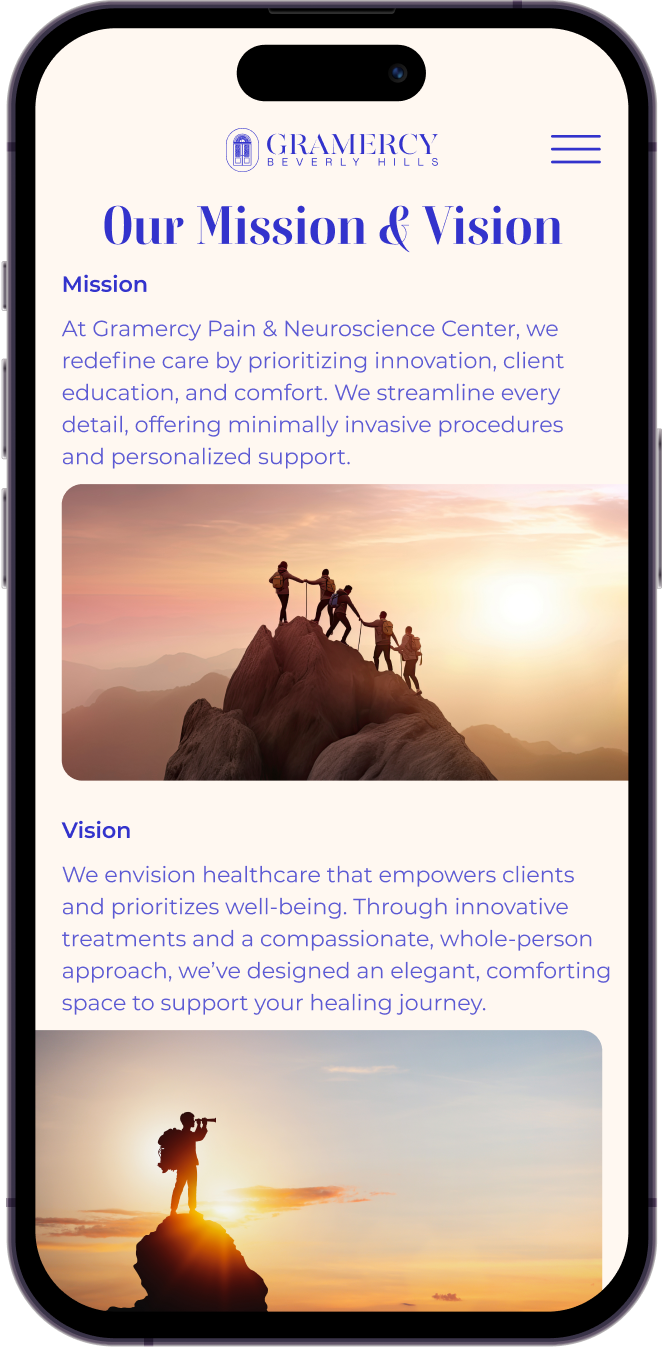 Gramercy Center’s Mission & Vision page displayed on a mobile device, showcasing patient-centered care and innovation. Designed by Wanted for Nothing.