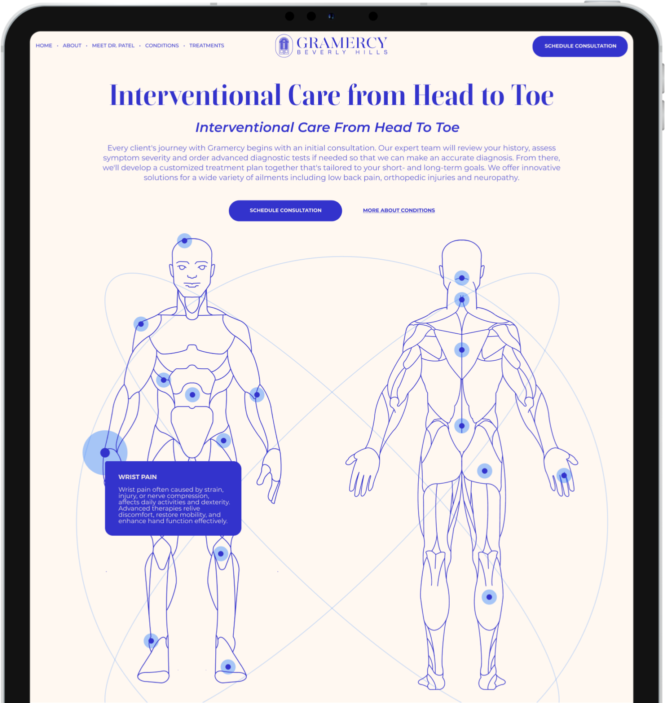 Tablet interface of Gramercy Center's interactive pain diagnosis tool, highlighting pain points on a human body diagram. Designed by Wanted for Nothing.