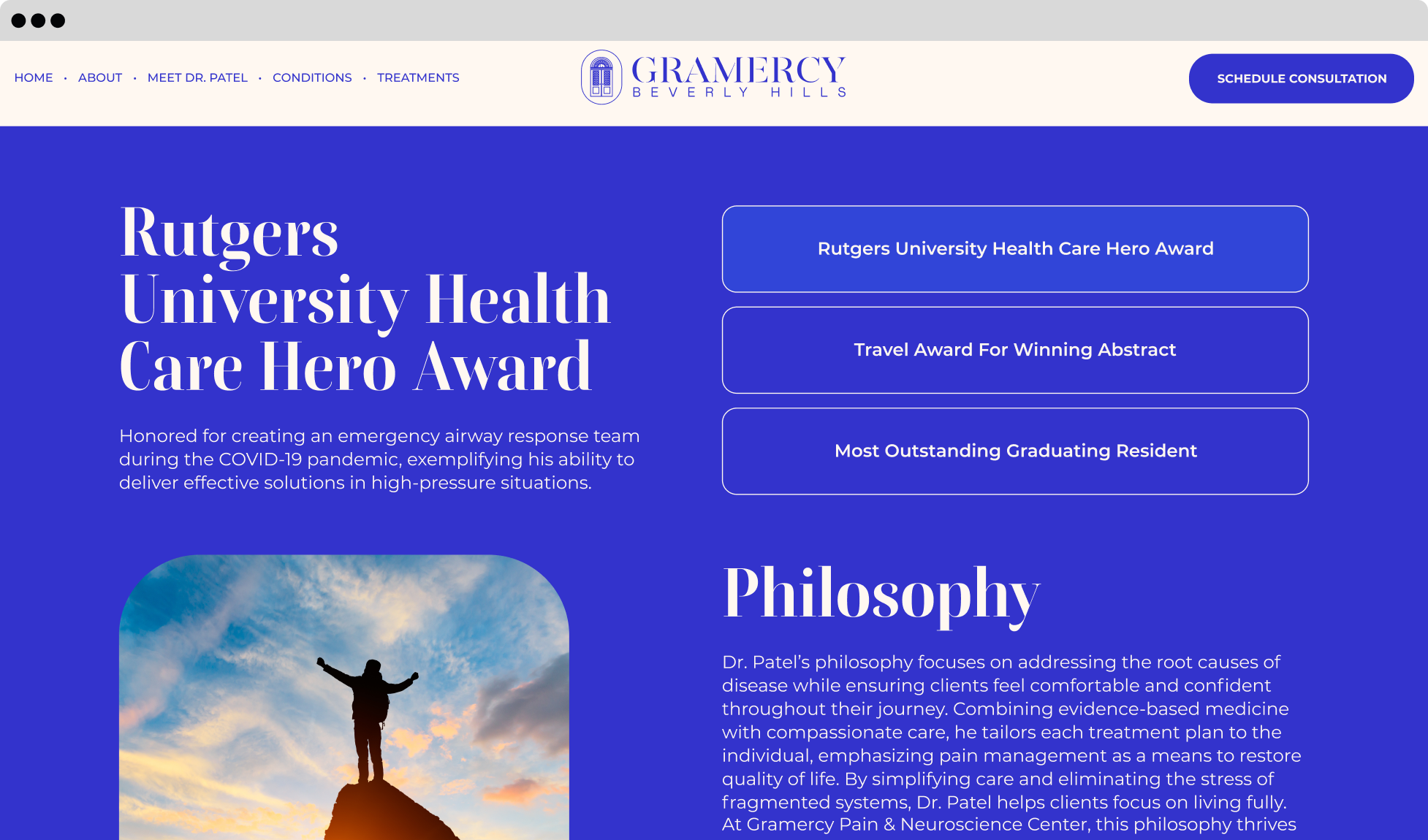 Gramercy Center’s website awards and philosophy section, featuring Dr. Patel’s achievements and patient care philosophy.