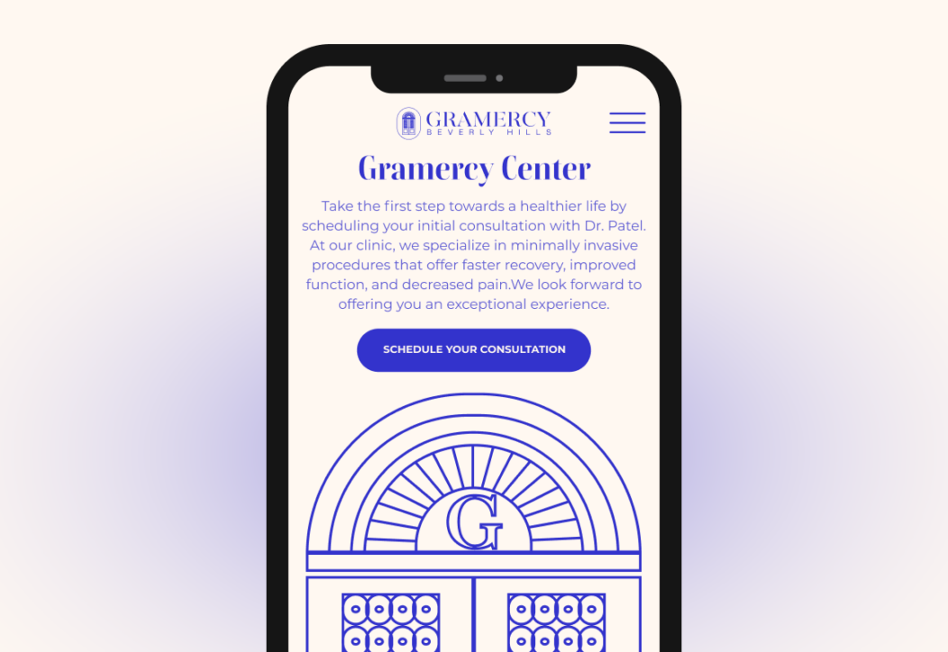 Mobile view of the Gramercy Center website, highlighting consultation scheduling with Dr. Preet Patel and the clinic’s expertise in minimally invasive procedures. Designed by Wanted for Nothing.