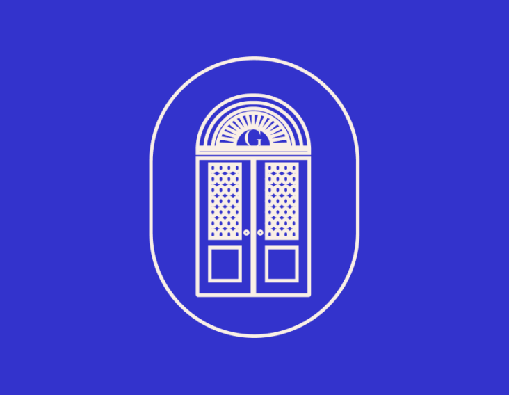 Minimalist logo illustration of an ornate double door with an arched window and the letter 'G' above, set against a royal blue background.