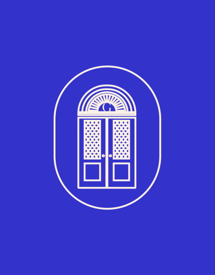 Minimalist logo illustration of an ornate double door with an arched window and the letter 'G' above, set against a royal blue background.