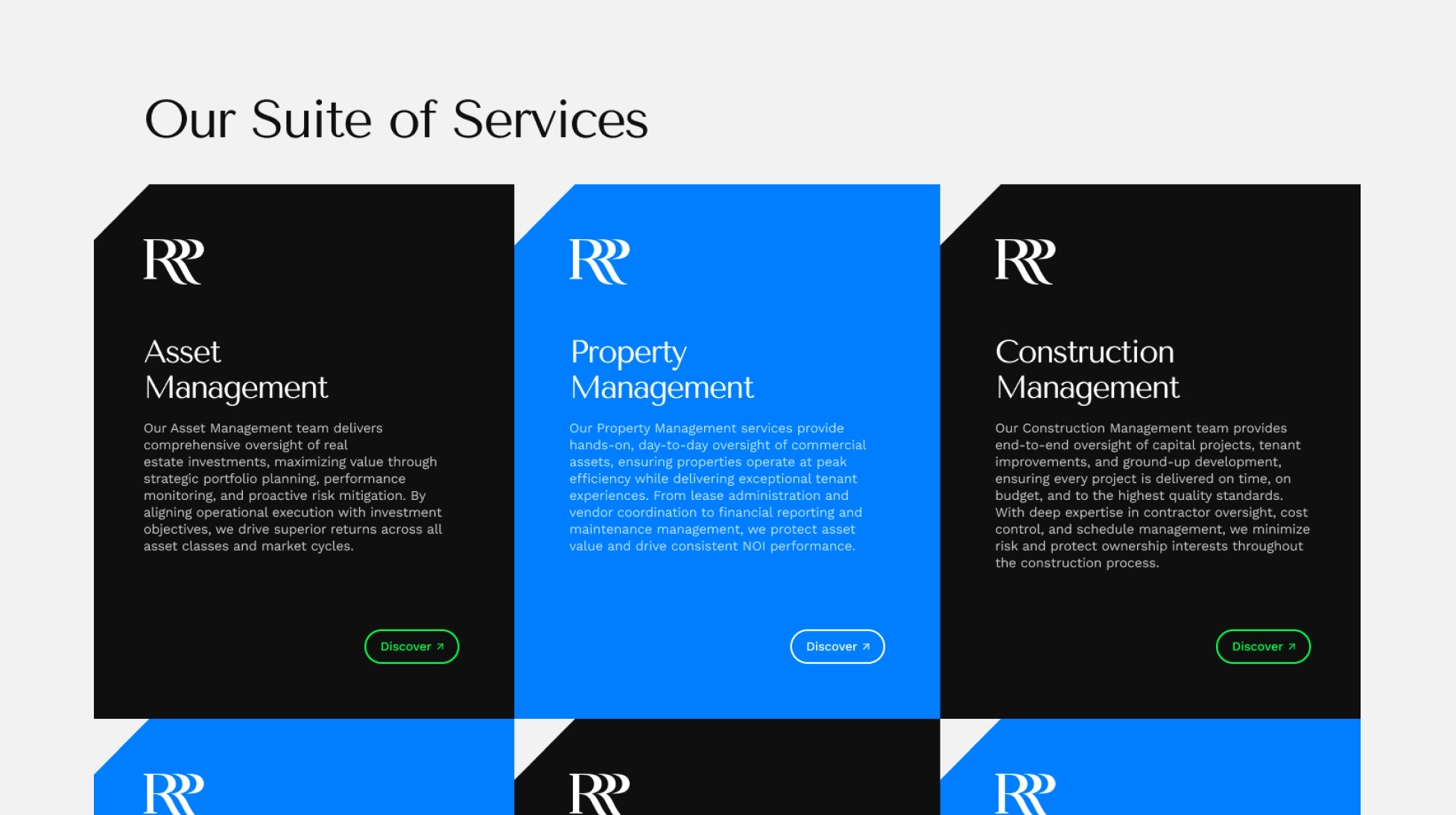 Rising Realty Partners website showcasing asset, property, and construction management services.