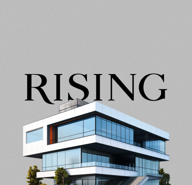 Rising Realty Partners branding with a modern office building.