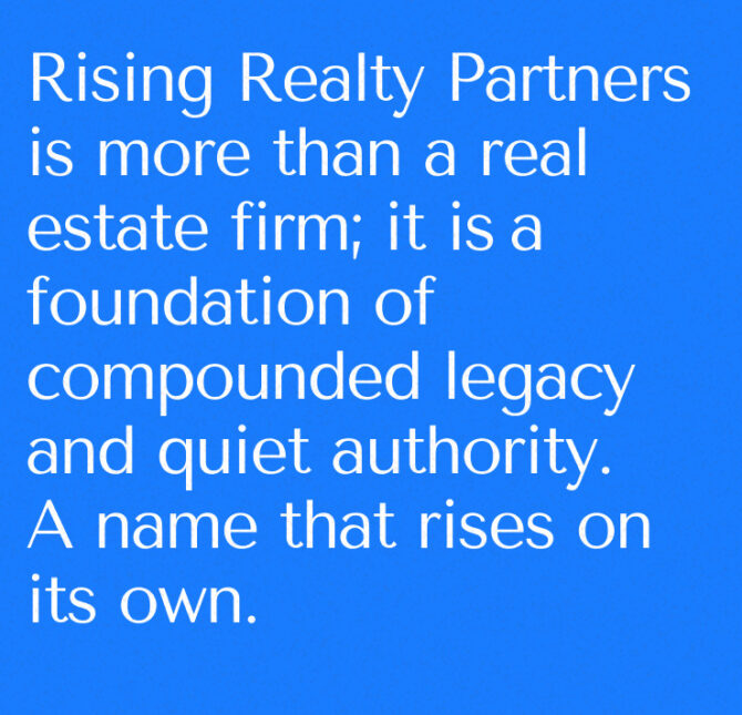 Rising Realty Partners brand statement on a blue background.