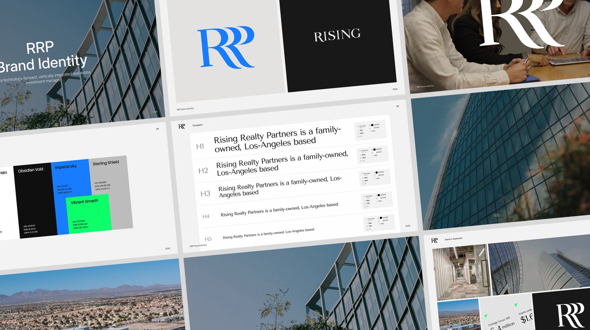 Rising Realty Partners brand identity guidelines showcasing logos, typography, colors, and photography.