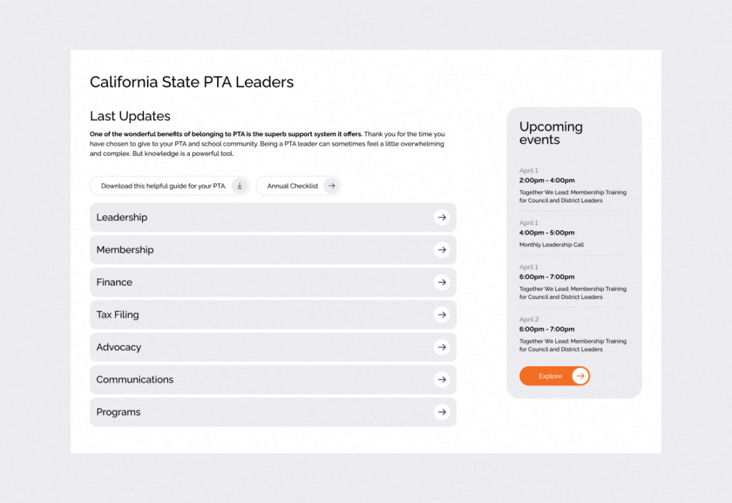 California State PTA Leaders website featuring resources, updates, and upcoming events.