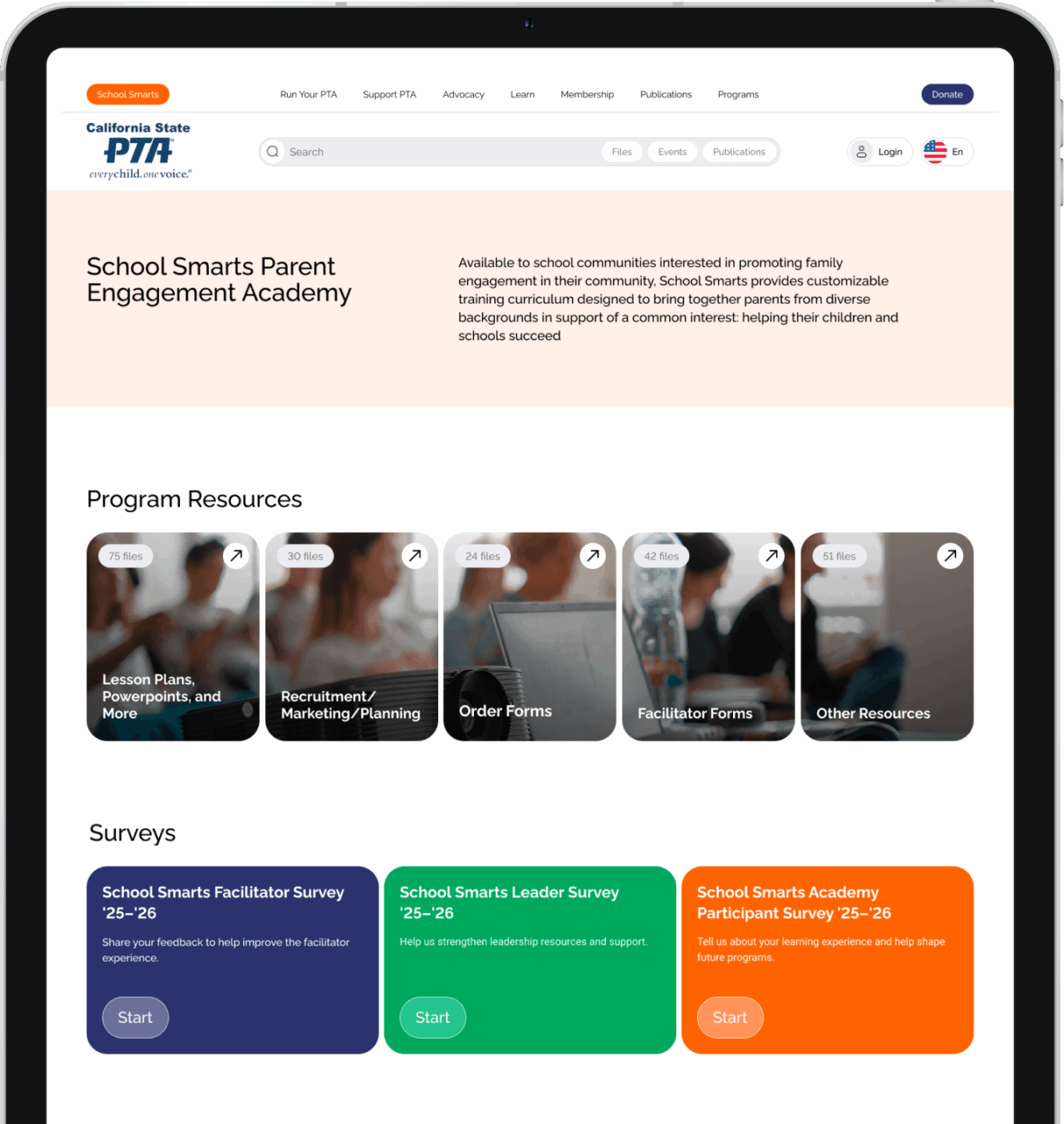 California State PTA School Smarts website in tablet view, featuring program resources and surveys.